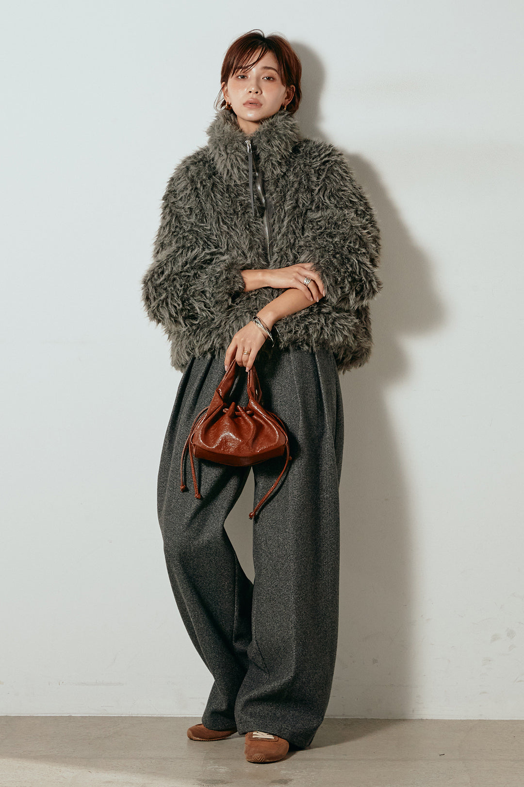 [SET]ミックスシープファースタンドブルゾン+フェイクウールタックトラウザーズパンツ(2set)