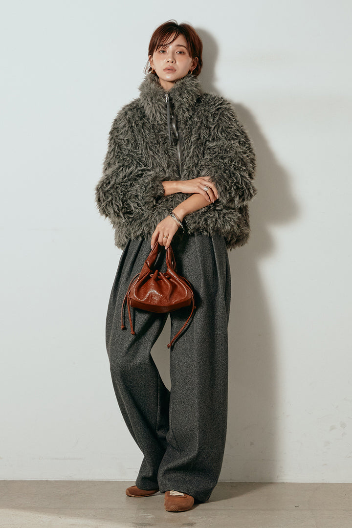 [SET]ミックスシープファースタンドブルゾン+フェイクウールタックトラウザーズパンツ(2set)