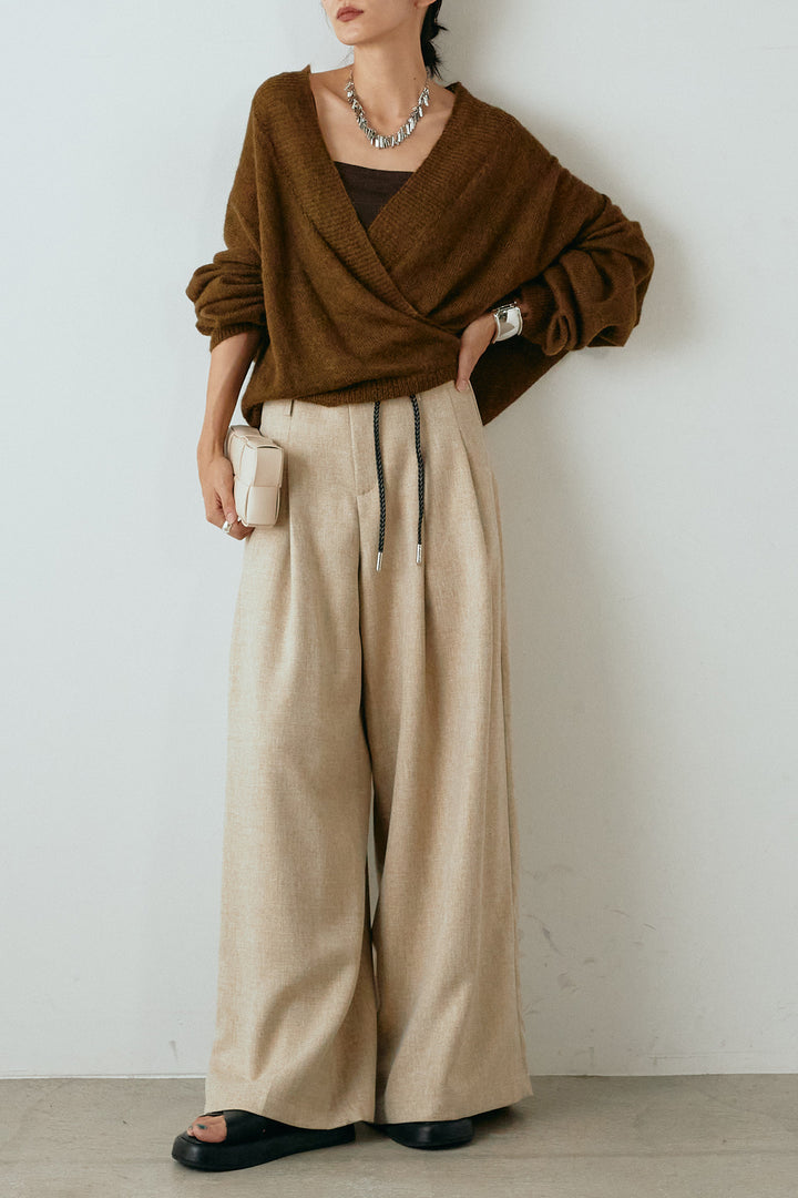 [SET]カシュクールデザインニット+細ベルト付きワイドパンツ(2set)