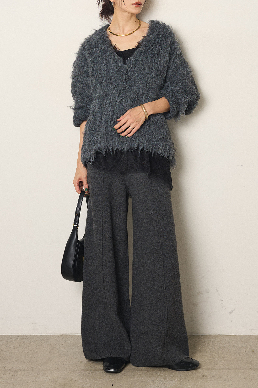 [SET]起毛シャギーニットカーディガン+センターラインニットパンツ+レース切り替えキャミソール(3set)