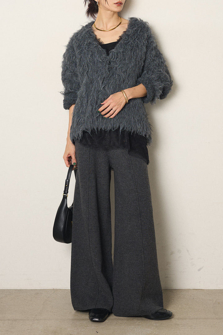 [SET]起毛シャギーニットカーディガン+センターラインニットパンツ+レース切り替えキャミソール(3set)