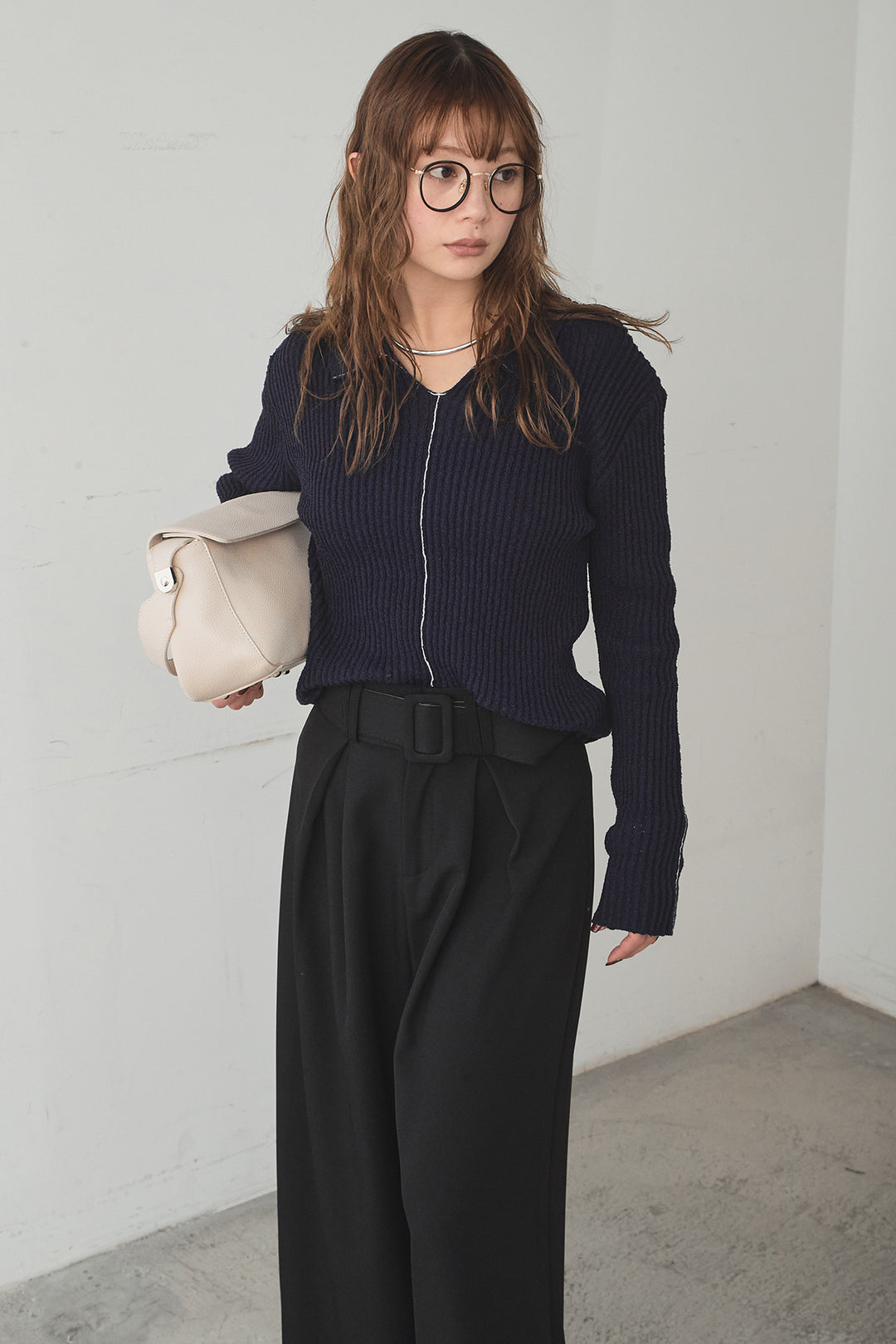 [SET]衿付きニットプルオーバー+ベルト付きツータックワイドパンツ(2set)