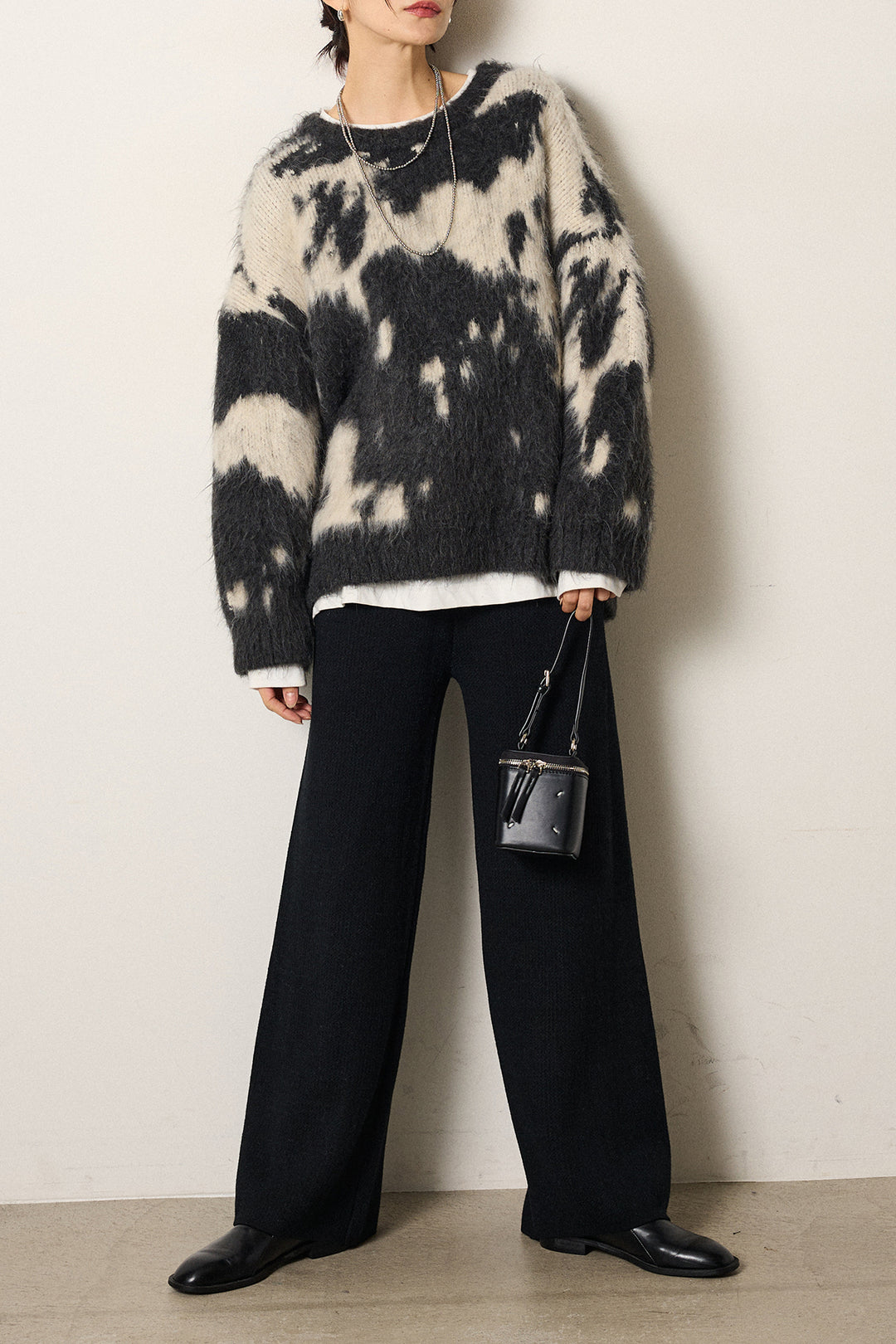 [SET]モヘアタッチマーブルニット+ワイドリブニットイージーパンツ(2set)