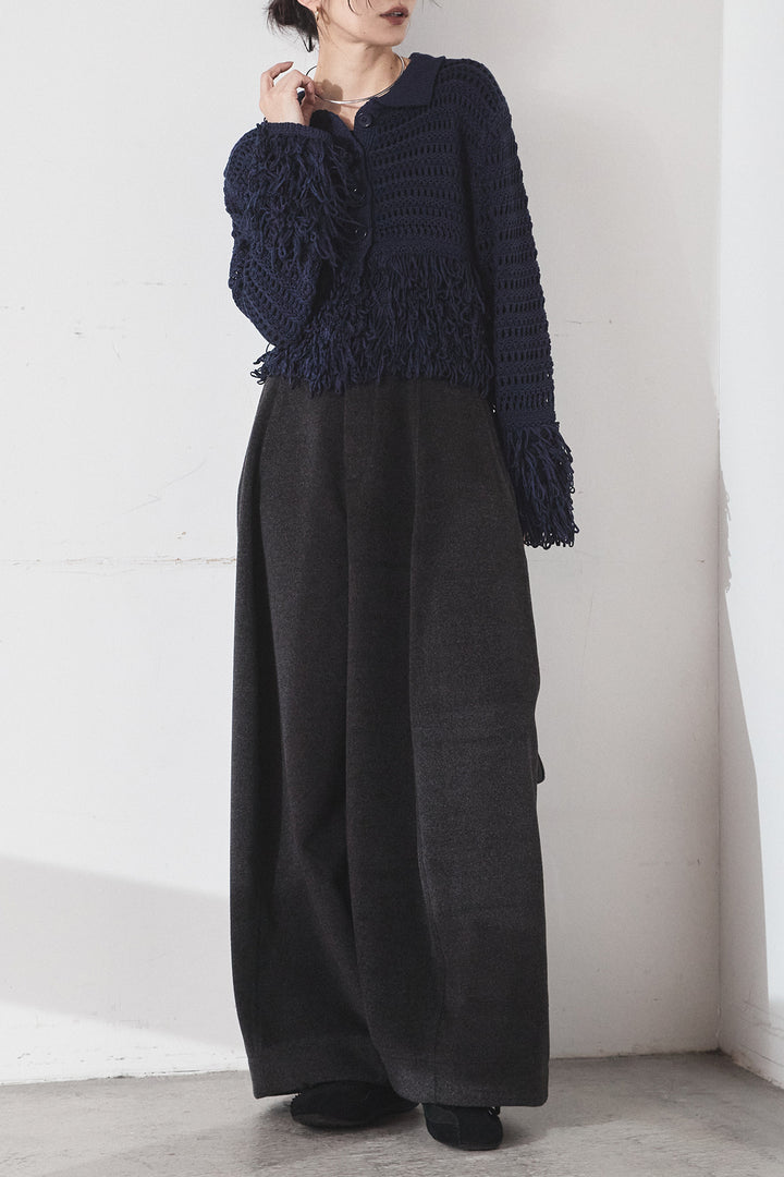 [SET]メッシュフリンジカーディガン+ウールタッチカーブワイドパンツ(2set)
