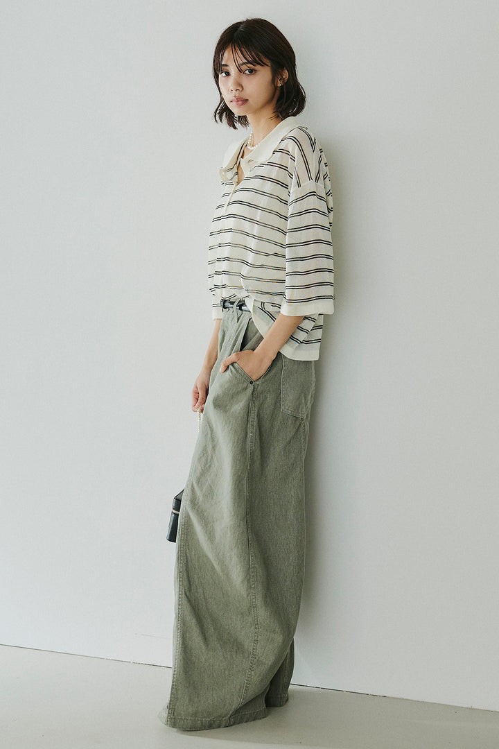 [SET]ボーダーニットポロシャツ+サイドベルトカーブワイドパンツ(2set)