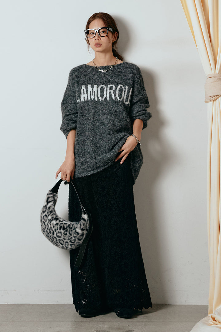 [SET]フロントロゴデザインニットトップス+花柄刺繍ベロアフレアスカート(2set)