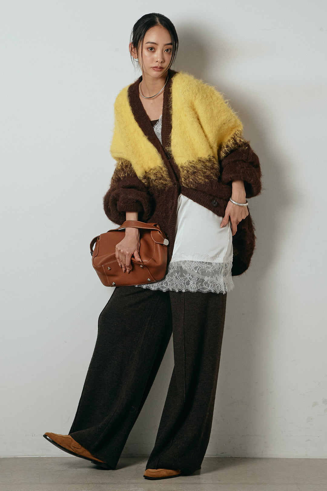 [SET]起毛グラデーションニットカーディガン+センターラインニットパンツ(2set)