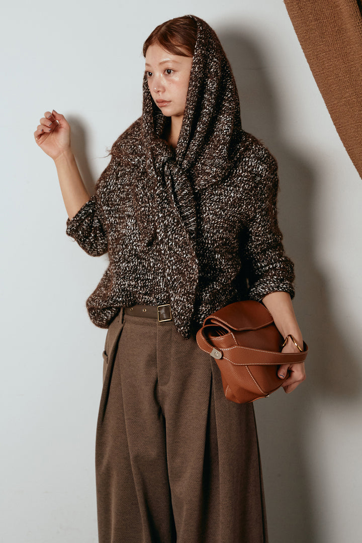 [SET]スカーフ付きミックスニットトップス+細ベルト付き起毛タックワイドパンツ(2set)