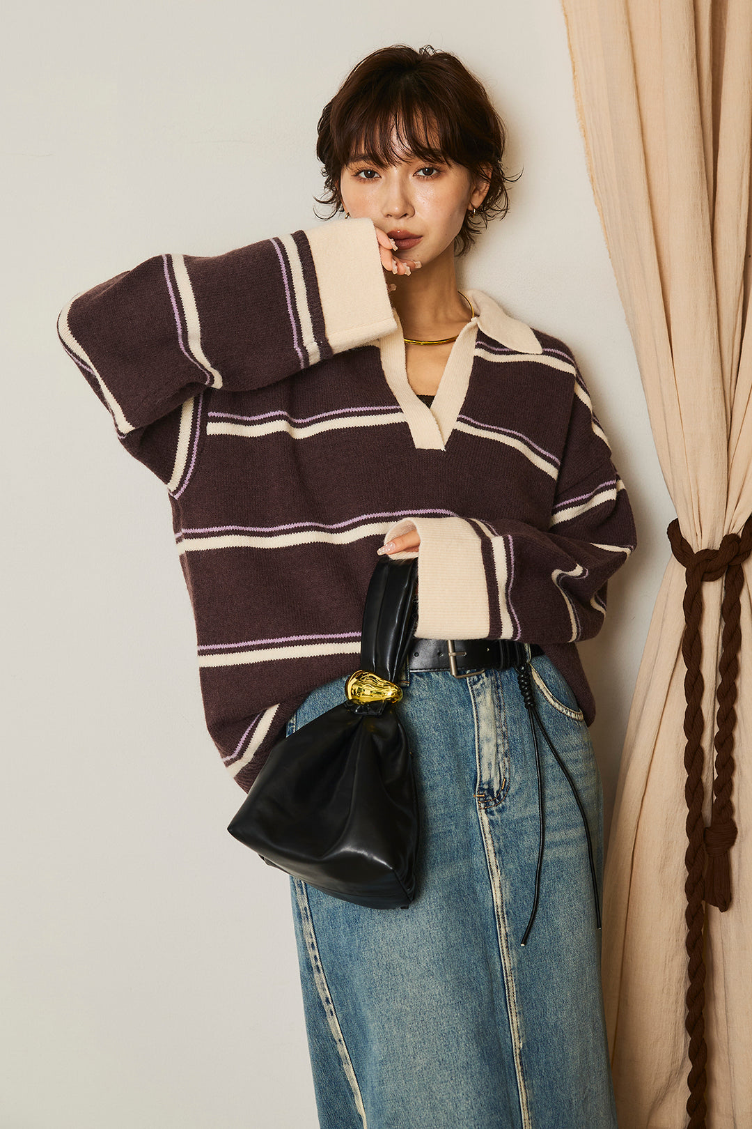 【即納】フェイクレザー太ベルト付きデニムワイドスカート