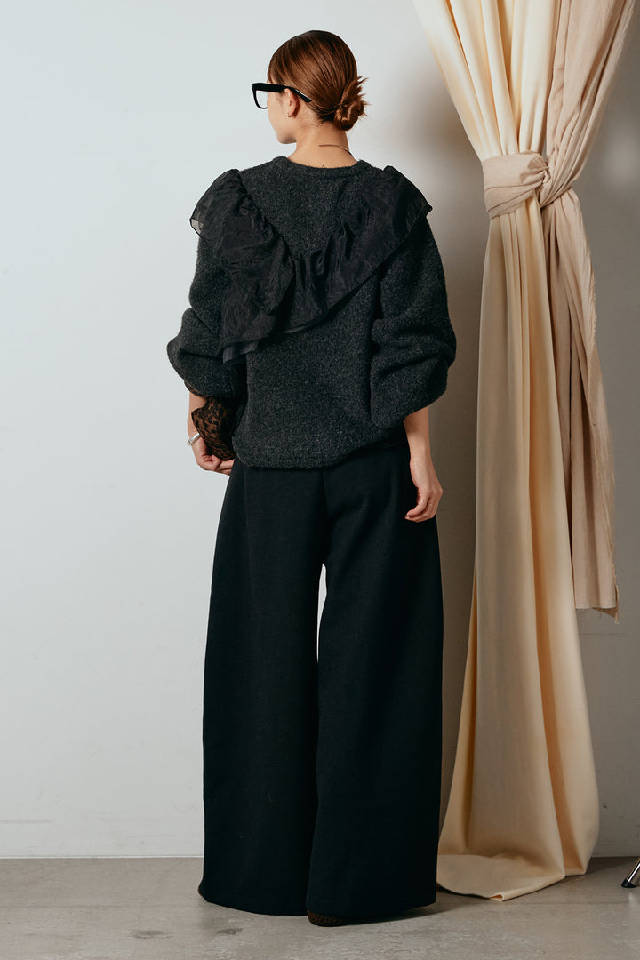 [SET]アシンメトリーフリルニットトップス+ポーチベルト付きカーブパンツ(2set)