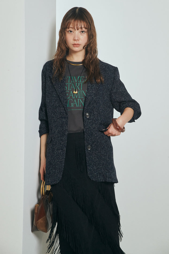 [SET]ミックスツイードベルト付きジャケット+斜めフリンジデザインスカート(2set)