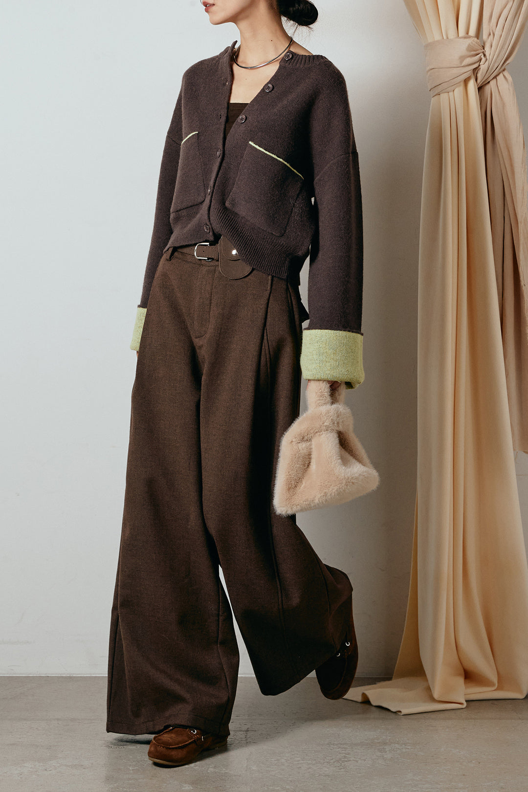 [SET]アルパカタッチダブルフェイスカーディガン+ポーチベルト付きカーブパンツ(2set)