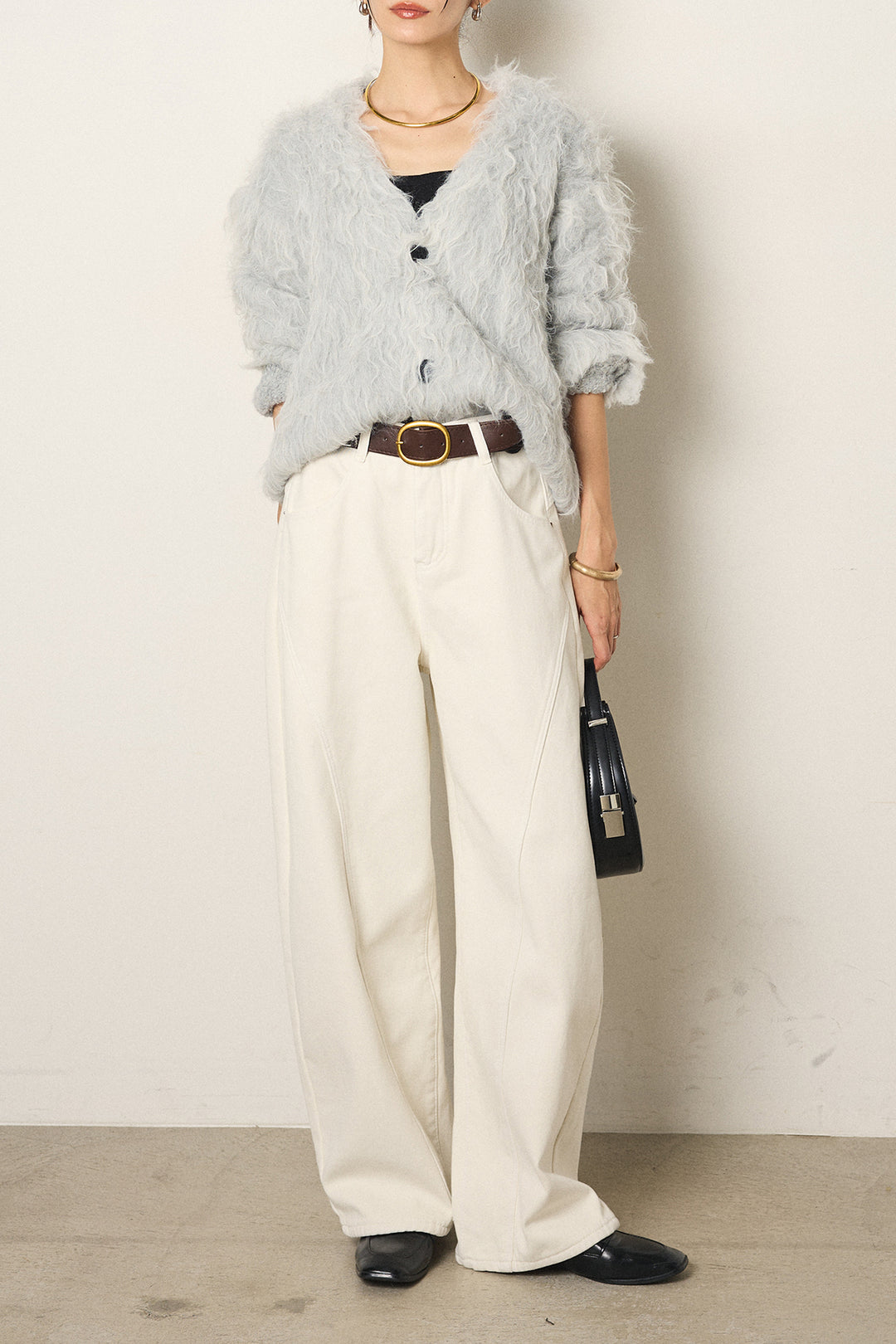 [SET]起毛シャギーニットカーディガン+ベルト付きカジュアルカーブワイドパンツ(2set)