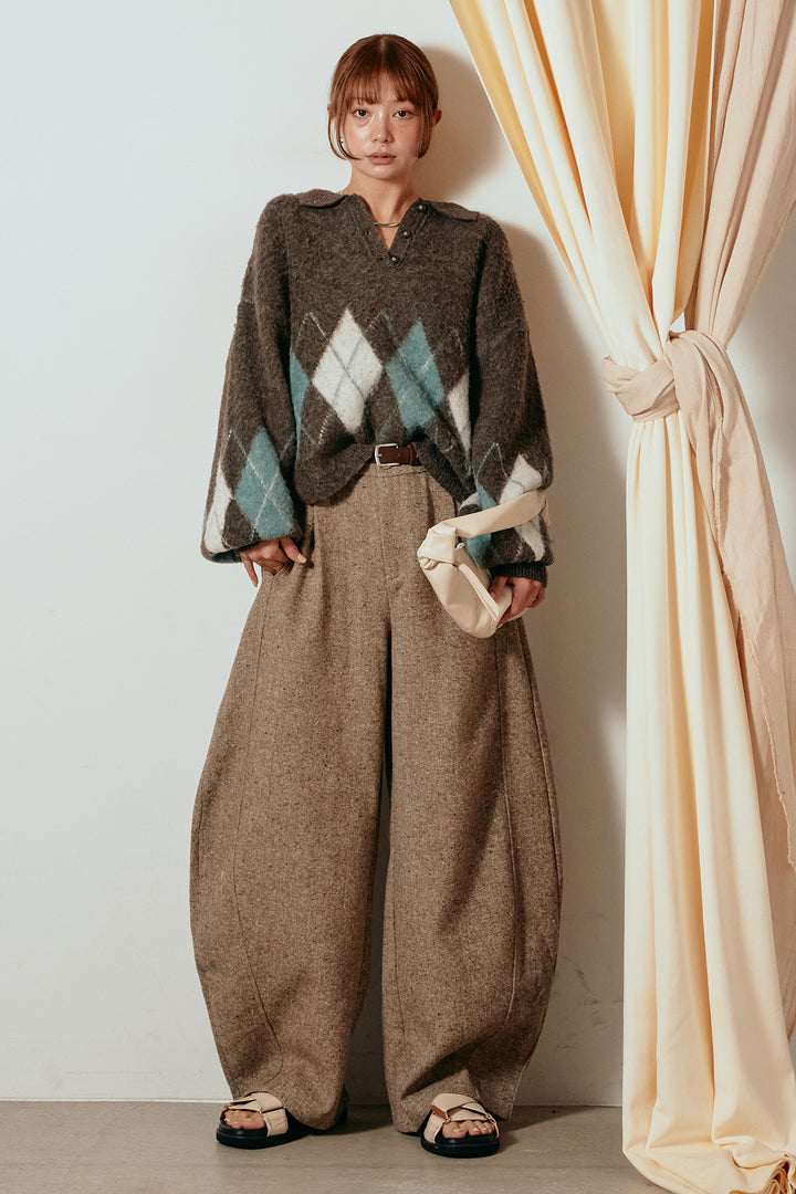 [SET]アーガイル柄ポロニットトップス+ベルト付きネップツイードカーブパンツ(2set)