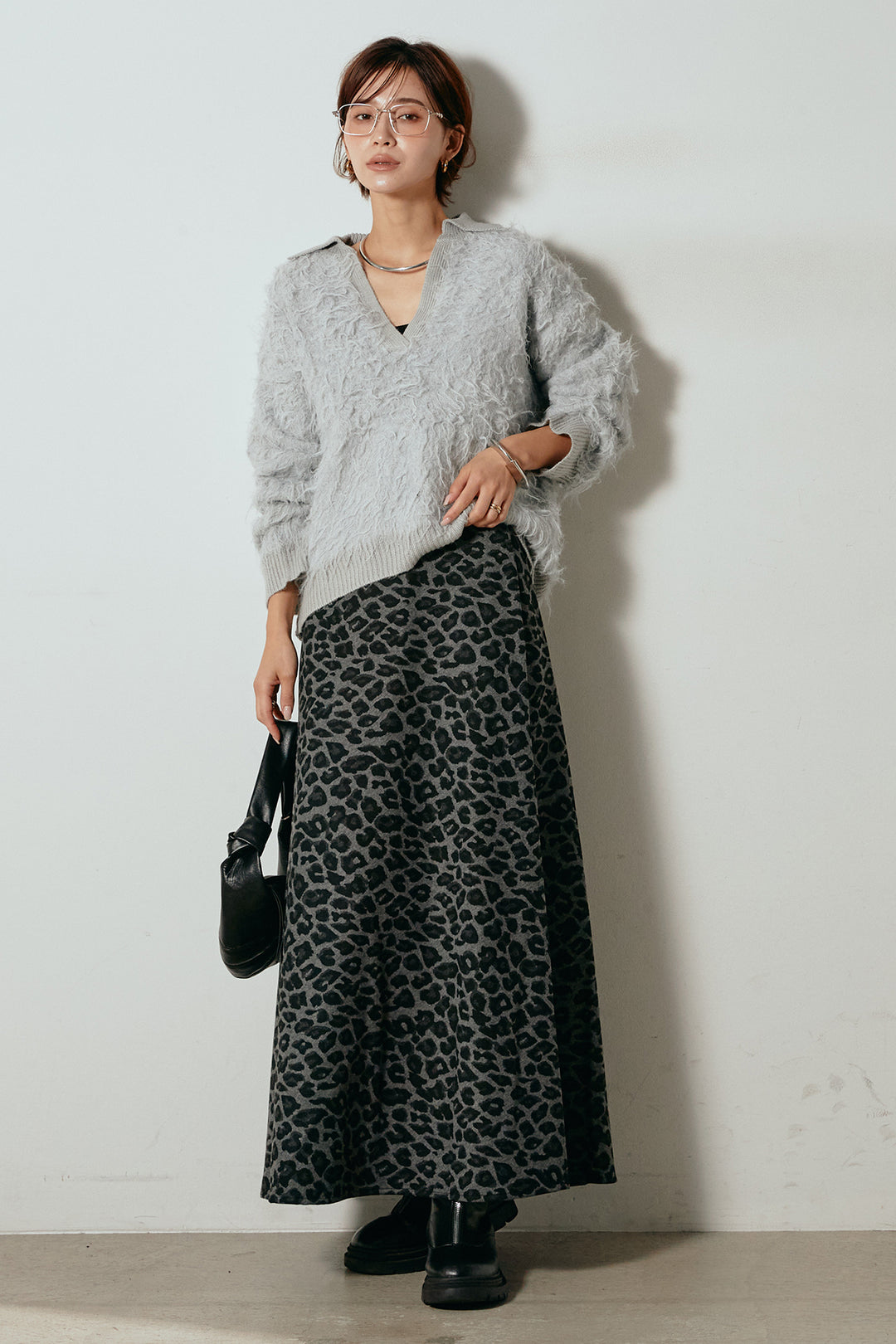 [SET]襟付きシャギーニットポロトップス+レオパードロングスカート(2set)