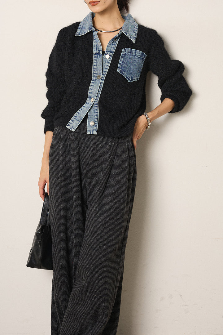 [SET]襟付きデニム切替ニットカーディガン+起毛タック入りツイードワイドパンツ(2set)