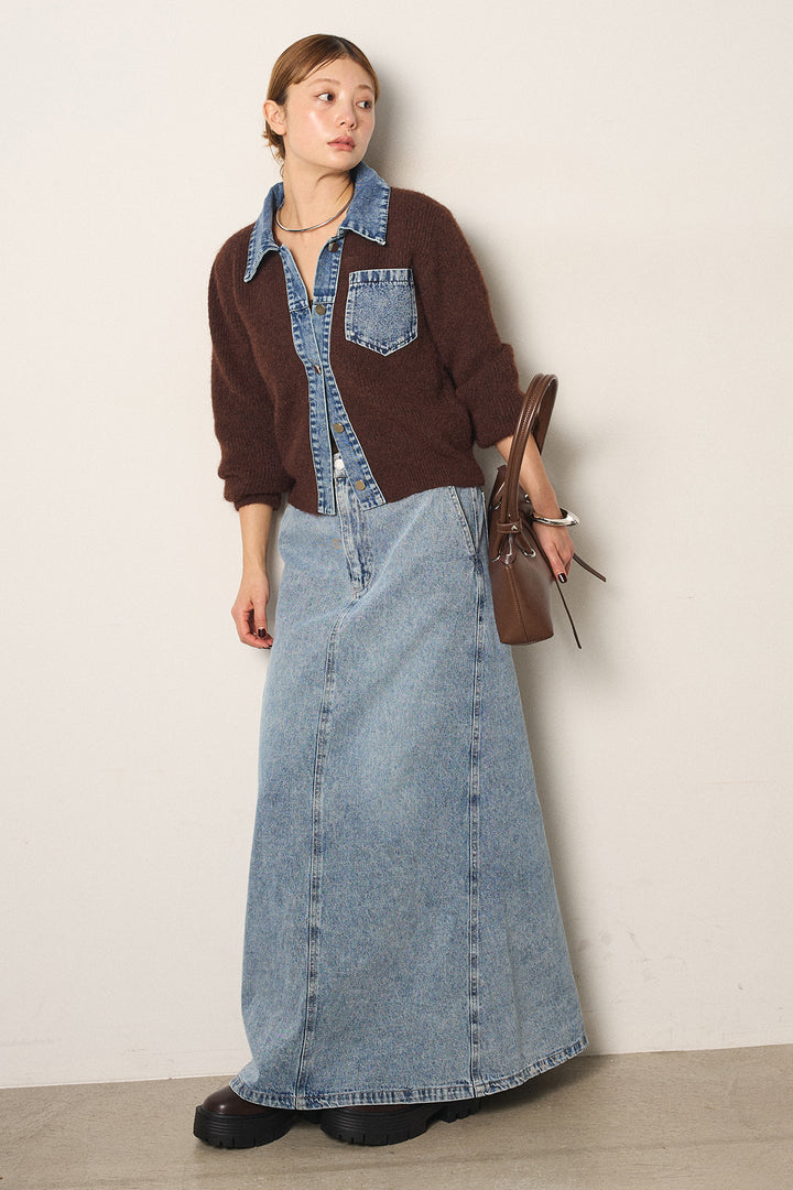 [SET]襟付きデニム切替ニットカーディガン+デニムロングフレアスカート(2set)