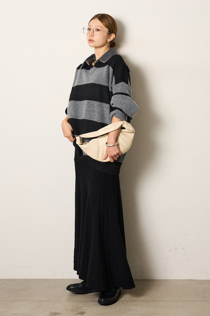 [SET]デニムカラーボーダールーズニット+編み地切り替えフレアニットスカート(2set)