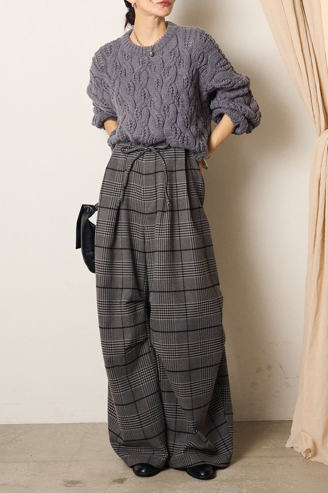 [SET]ケーブルリラックスショートニット+グレンチェックルーズタックパンツ(2set)