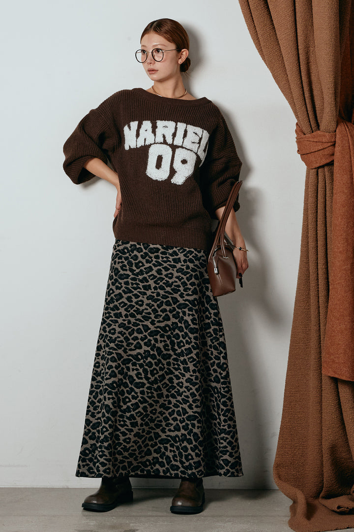 [SET]ロゴジャガードニットトップス+レオパードロングスカート(2set)