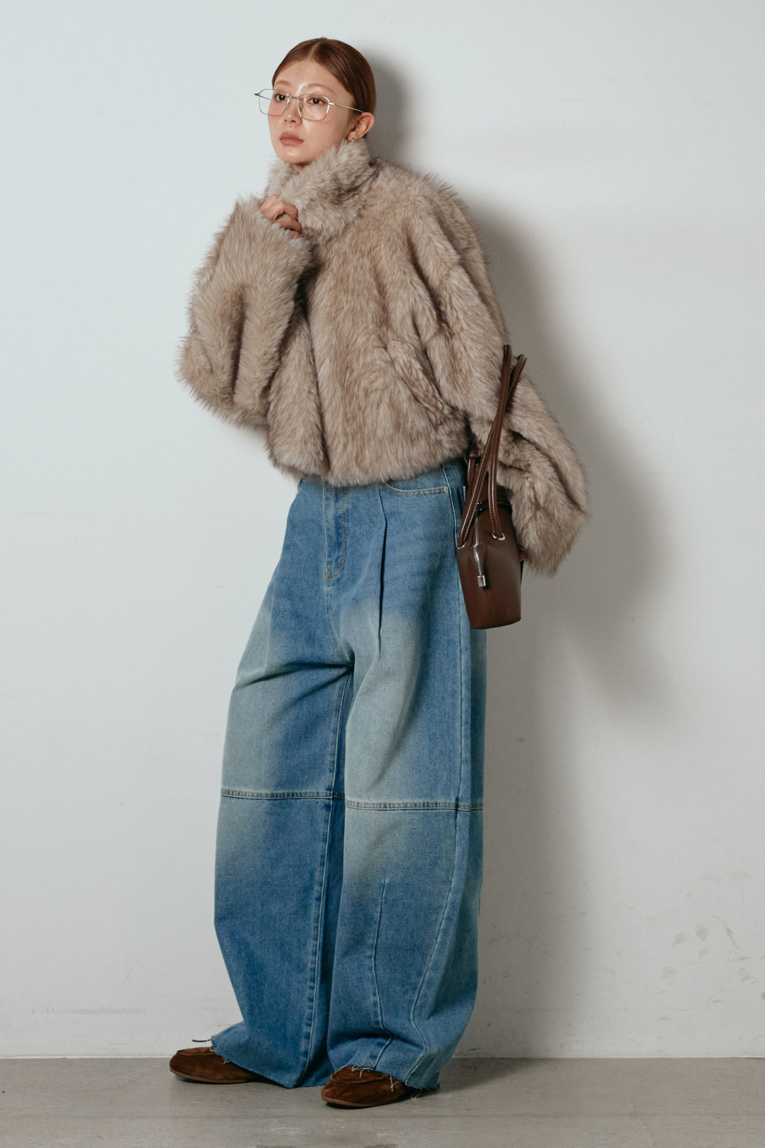 [SET]エコファーショート丈ブルゾン+加工デニムタックコクーンワイドパンツ(2set)