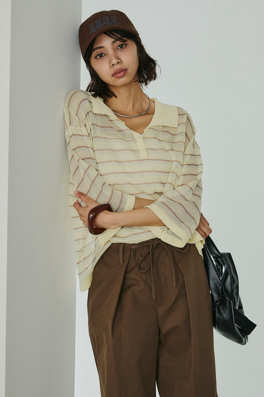 [SET]ボーダーニットポロシャツ+ニーサイドタックウエストドロスパンツ(2set)