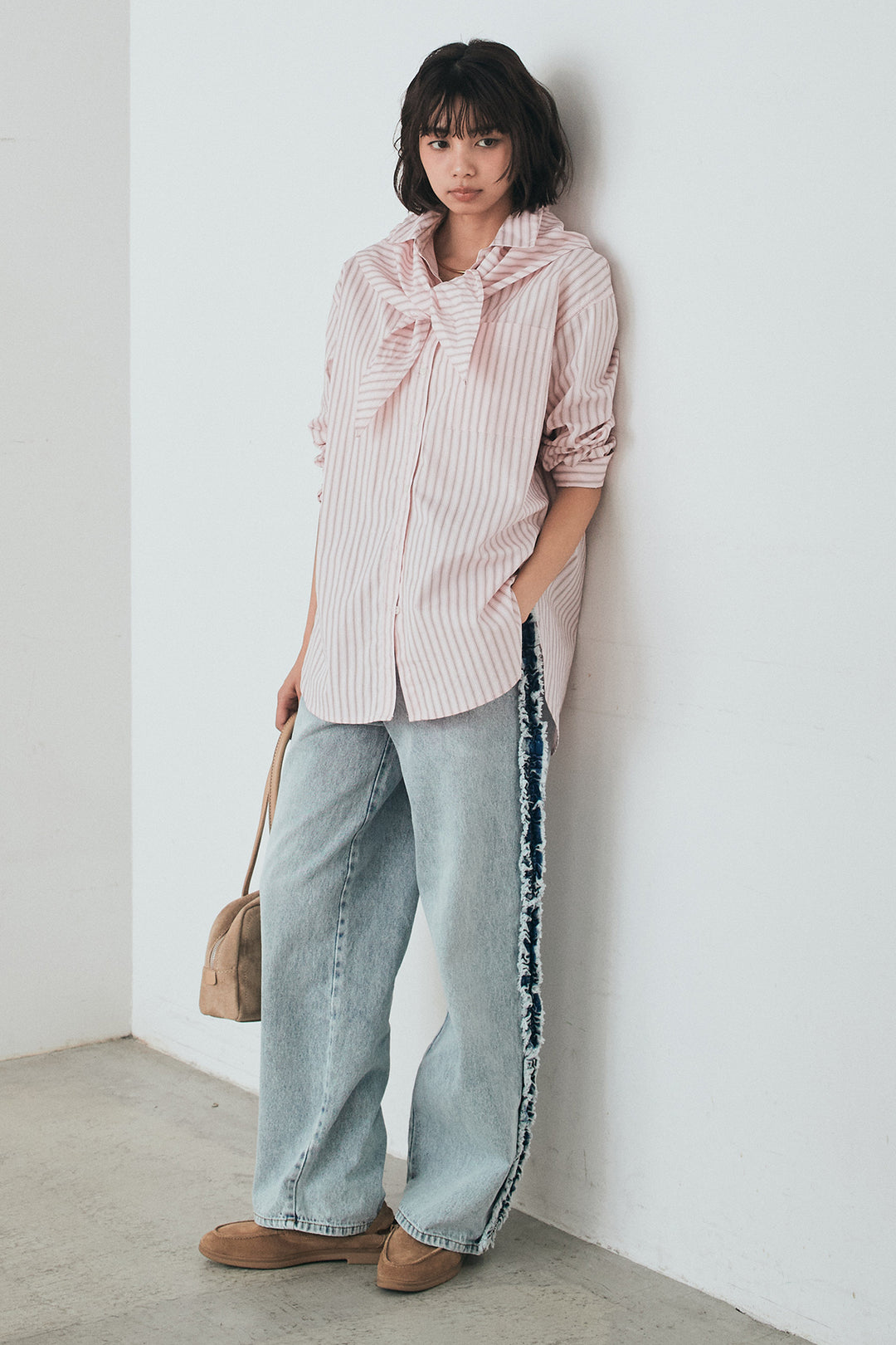 [SET]ランダムストライプスカーフ付きシャツ+デニムサイドフリルパンツ(2set)
