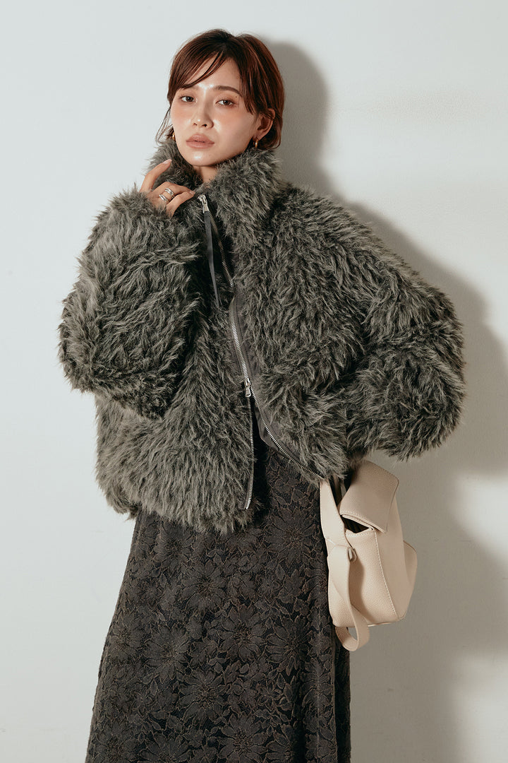 [SET]ミックスシープファースタンドブルゾン+花柄刺繍ベロアフレアスカート(2set)