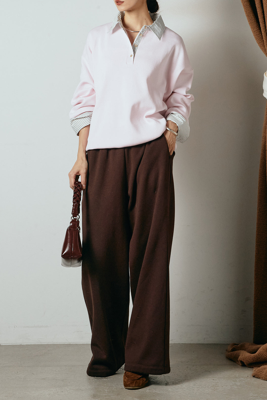 [SET]ストライプシャツドッキングポロトップス+裏起毛スウェットワイドパンツ(2set)