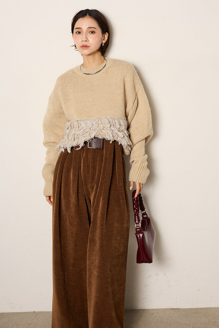 [SET]ループ編み切り替えニットプルオーバー+ベルトループコーデュロイワイドパンツ(2set)