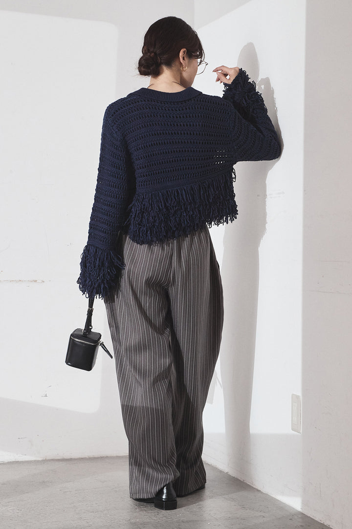 [SET]メッシュフリンジカーディガン+ヘリンボーンストライプツータックパンツ(2set)