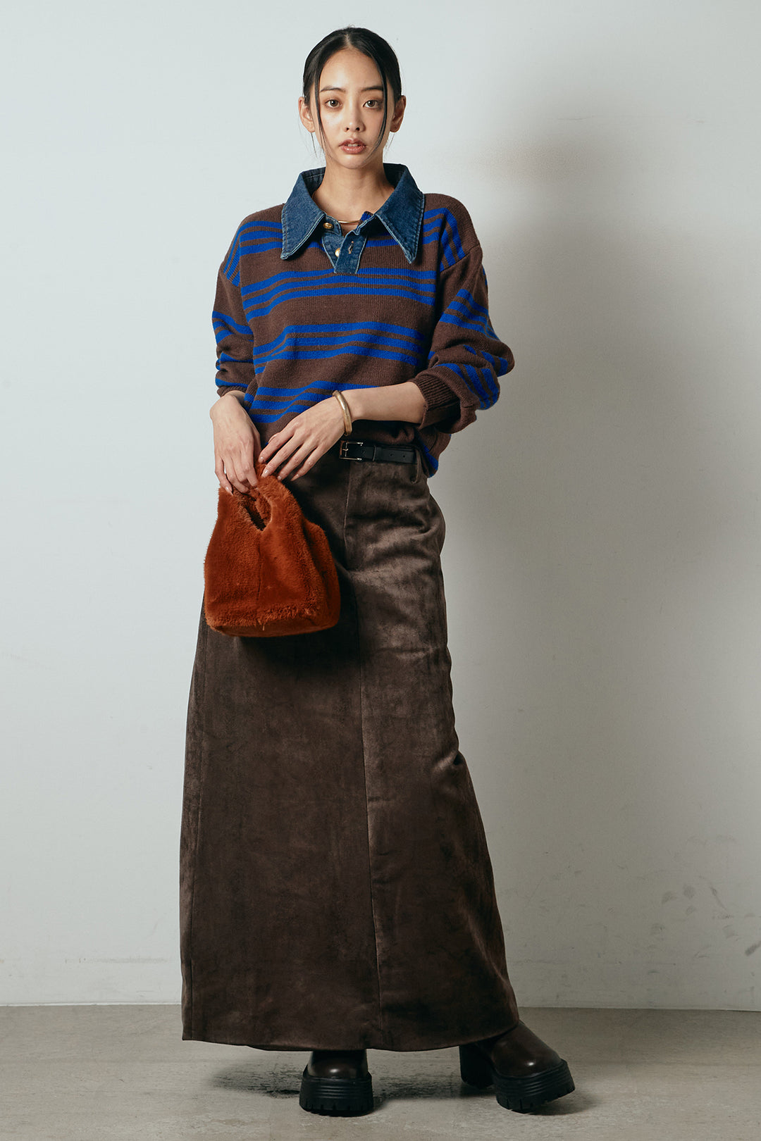 [SET]デニムレイヤード風ランダムボーダーニットプルオーバー+エコスウェードワイドスカート(2set)