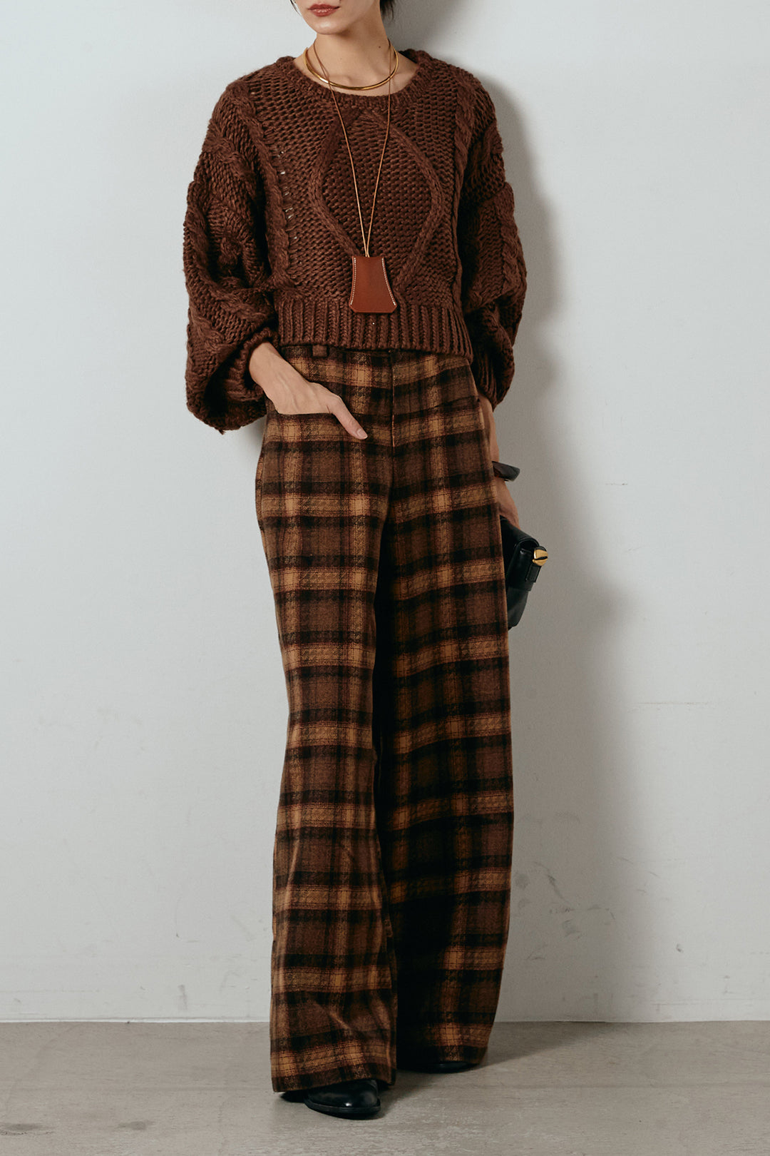 [SET]ロービングケーブルショート丈プルオーバー+ルーズタータンチェックワイドパンツ(2set)