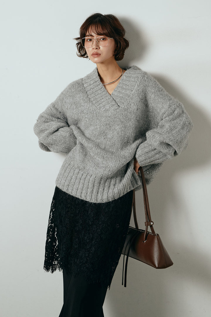 [SET]Vネックラメニットトップス+レース刺繍レイヤードフレアパンツ(2set)