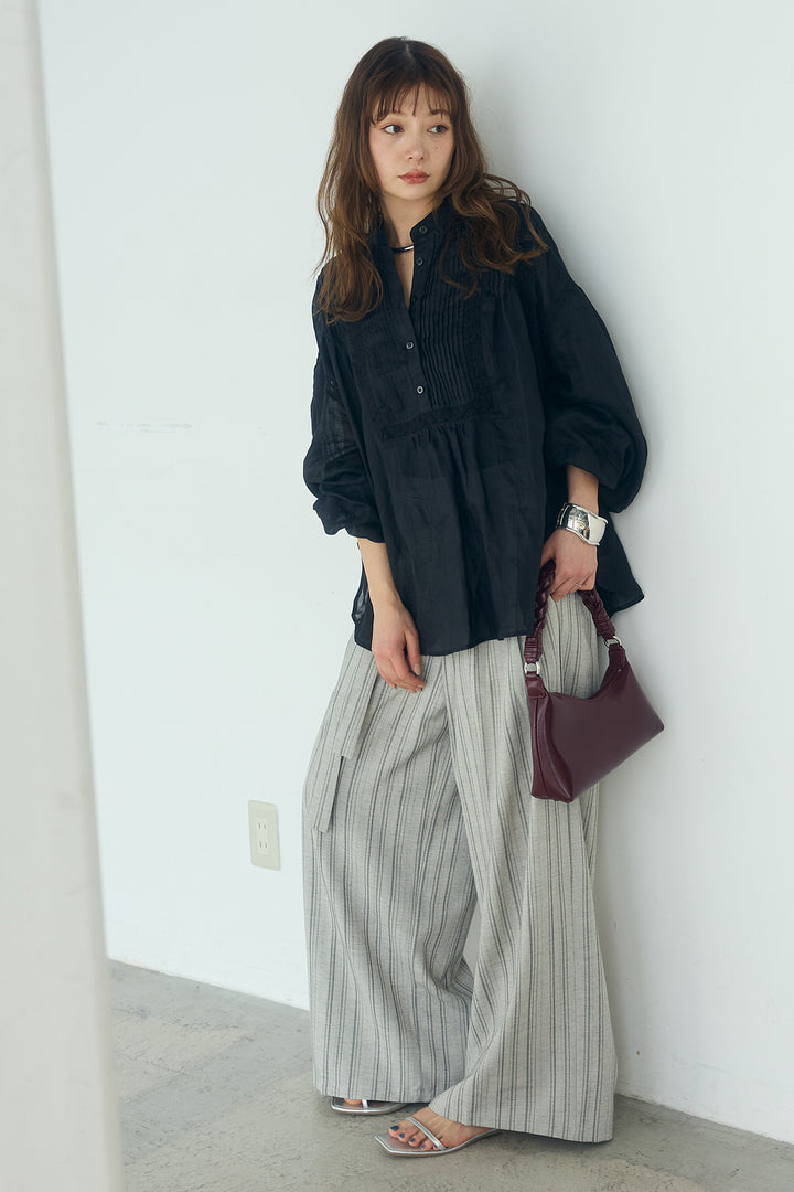 [SET]レース刺繍ラインバンドカラーシャツ+リネンライクピンストライプサイドデザインパンツ(2set)