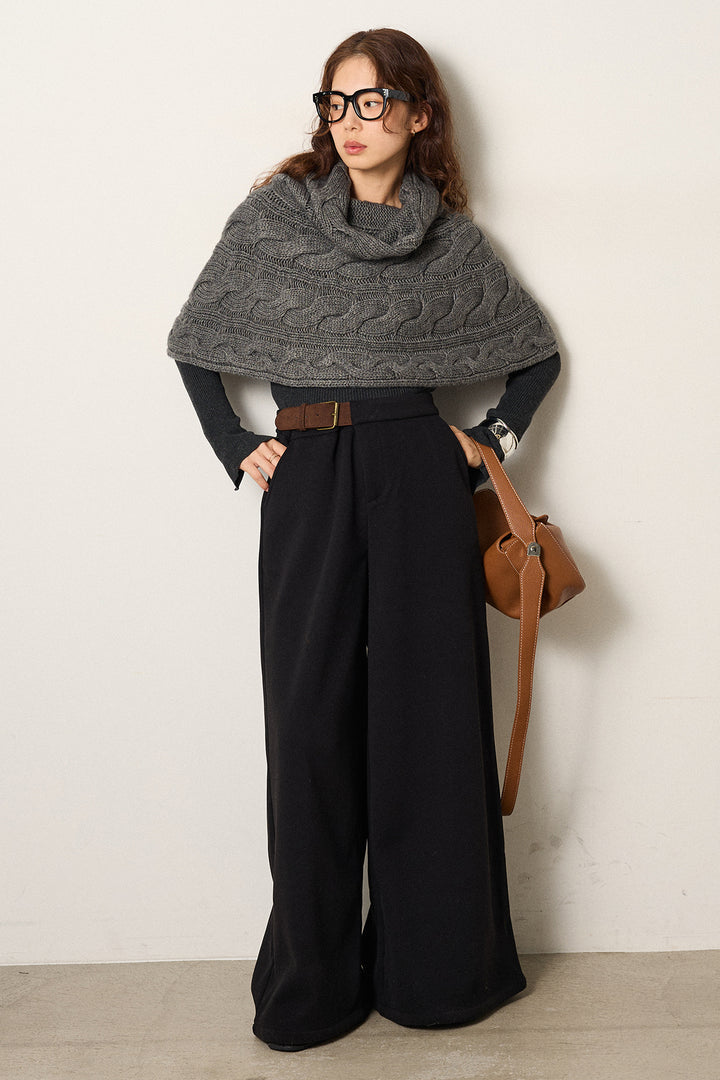 [SET]ケーブル編みケープレイヤードニット+サイドベルトパンツ(2set)