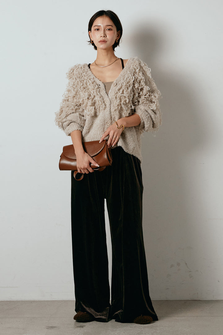 [SET]ループ編みVネックニットカーディガン+ベロアサスペンダー付きパンツ(2set)