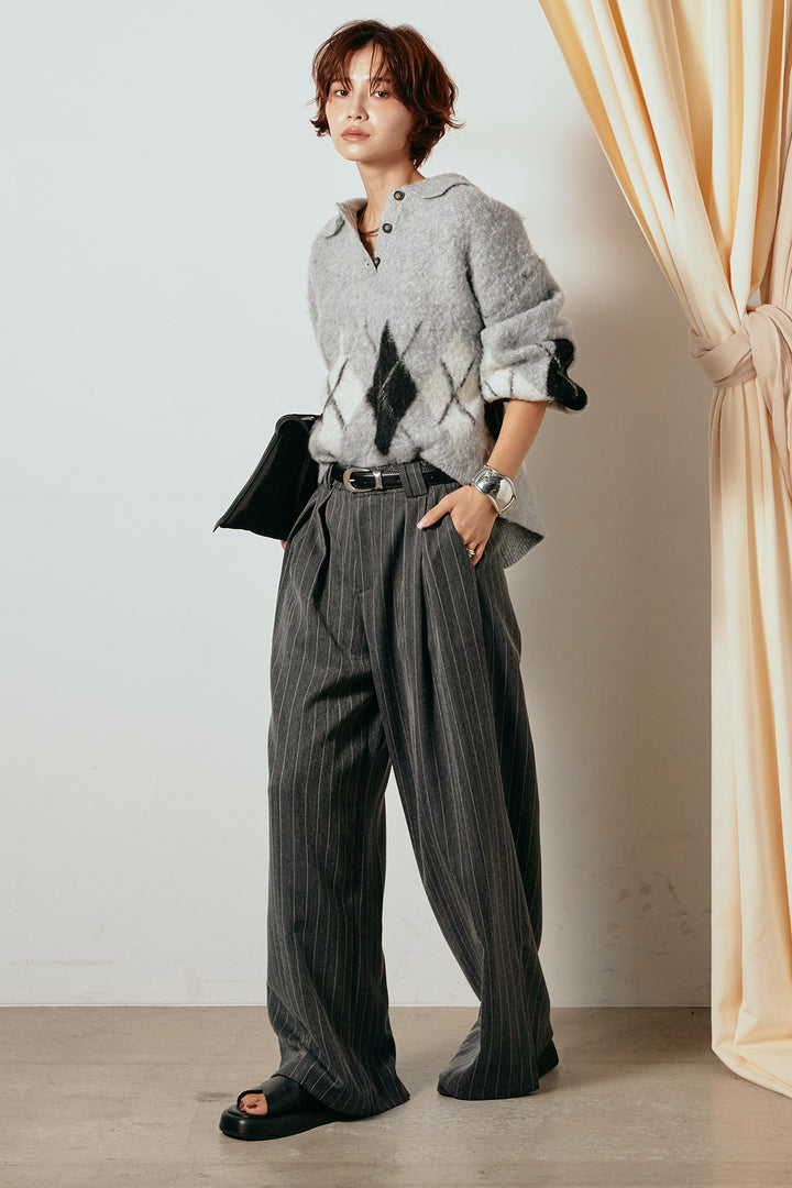 [SET]アーガイル柄ポロニットトップス+ストライプヘリンボーンパンツ(2set)