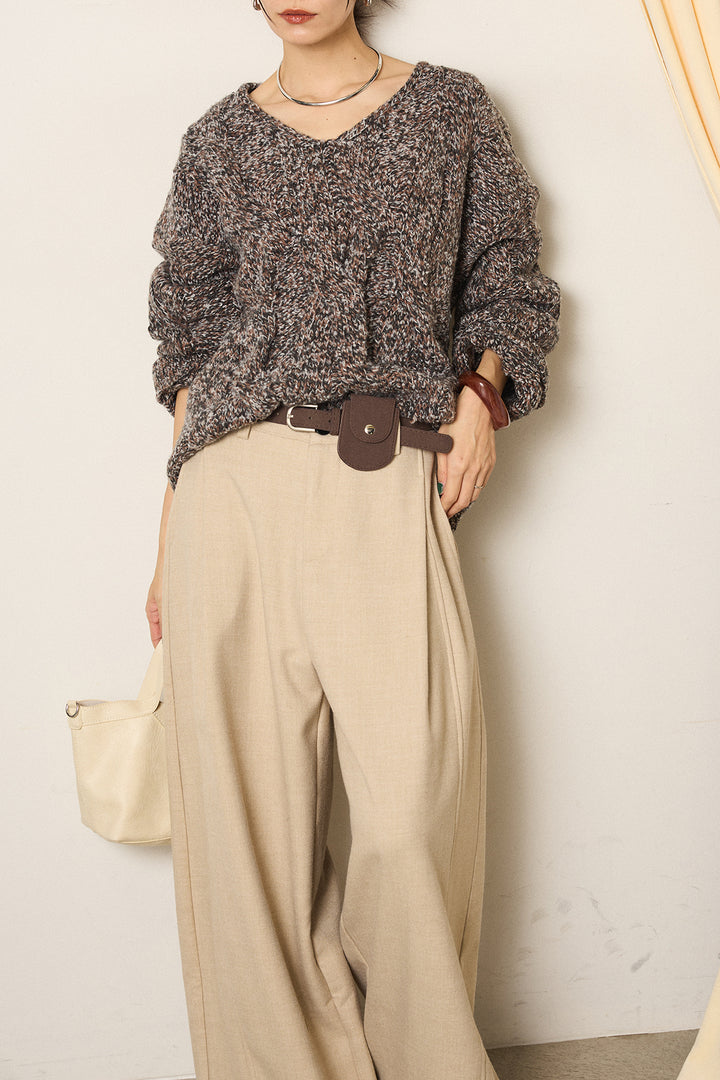 [SET]Vネックミックス編みニットトップス+ポーチベルト付きカーブパンツ(2set)