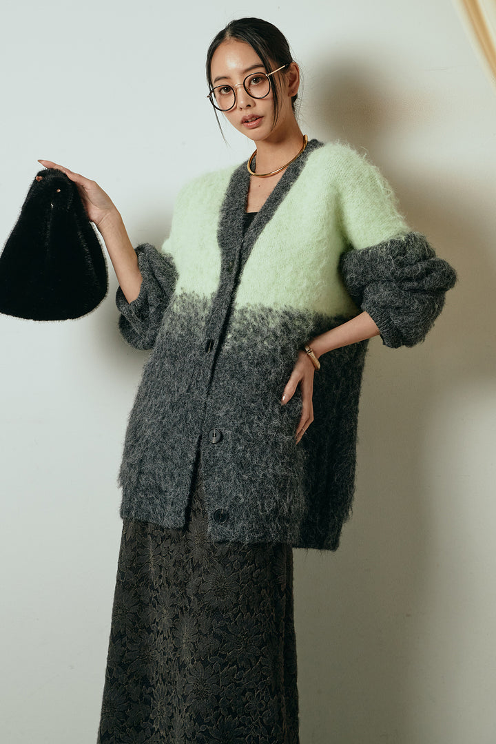 [SET]起毛グラデーションニットカーディガン+花柄刺繍ベロアフレアスカート(2set)