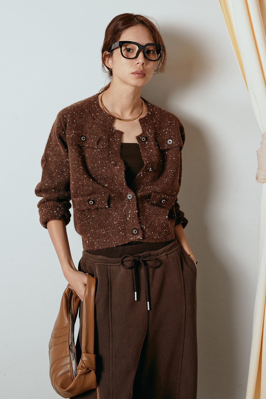 [SET]ネップニットカーディガン+スウェットワイドカーブパンツ(2set)