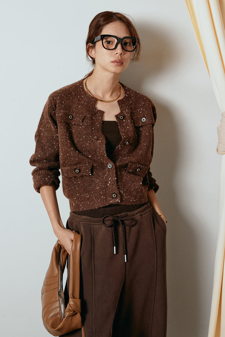 [SET]ネップニットカーディガン+スウェットワイドカーブパンツ(2set)