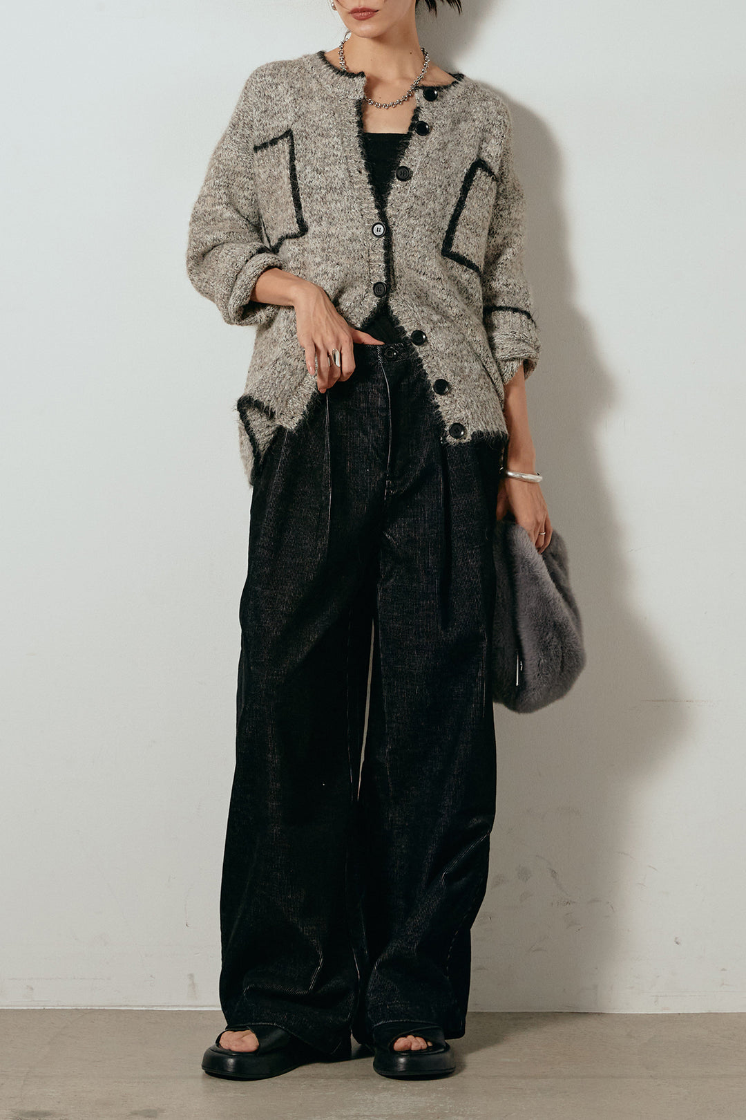 [SET]ミックスニットポケットカーディガン+フロントタック入りコーデュロイパンツ(2set)