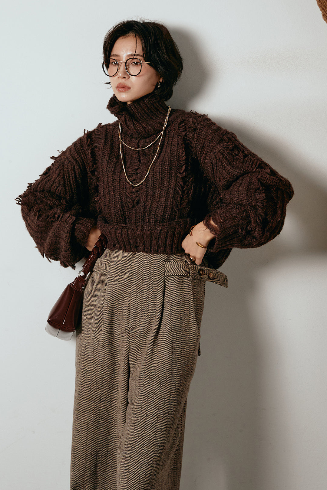 [SET]フリンジタートルショートニット+クラシックヘリンボーンサロペット(2set)