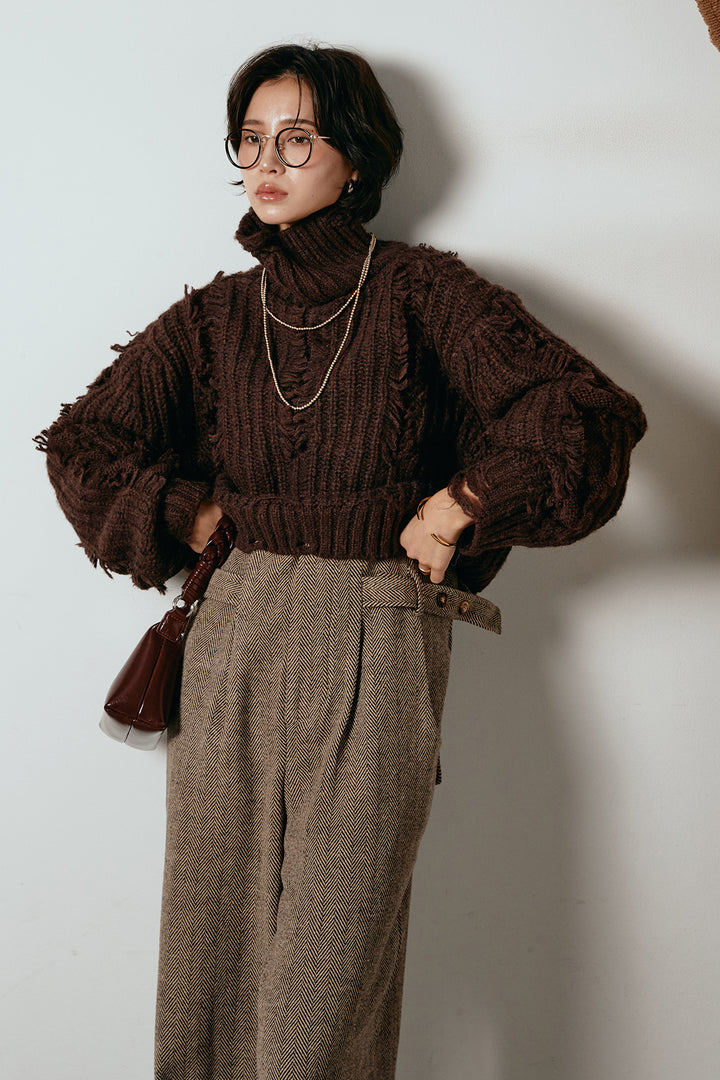 [SET]フリンジタートルショートニット+クラシックヘリンボーンサロペット(2set)