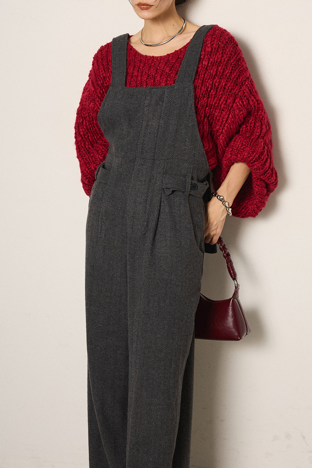 [SET]チャンキースラブニットクロップドプルオーバー+クラシックヘリンボーンサロペット(2set)