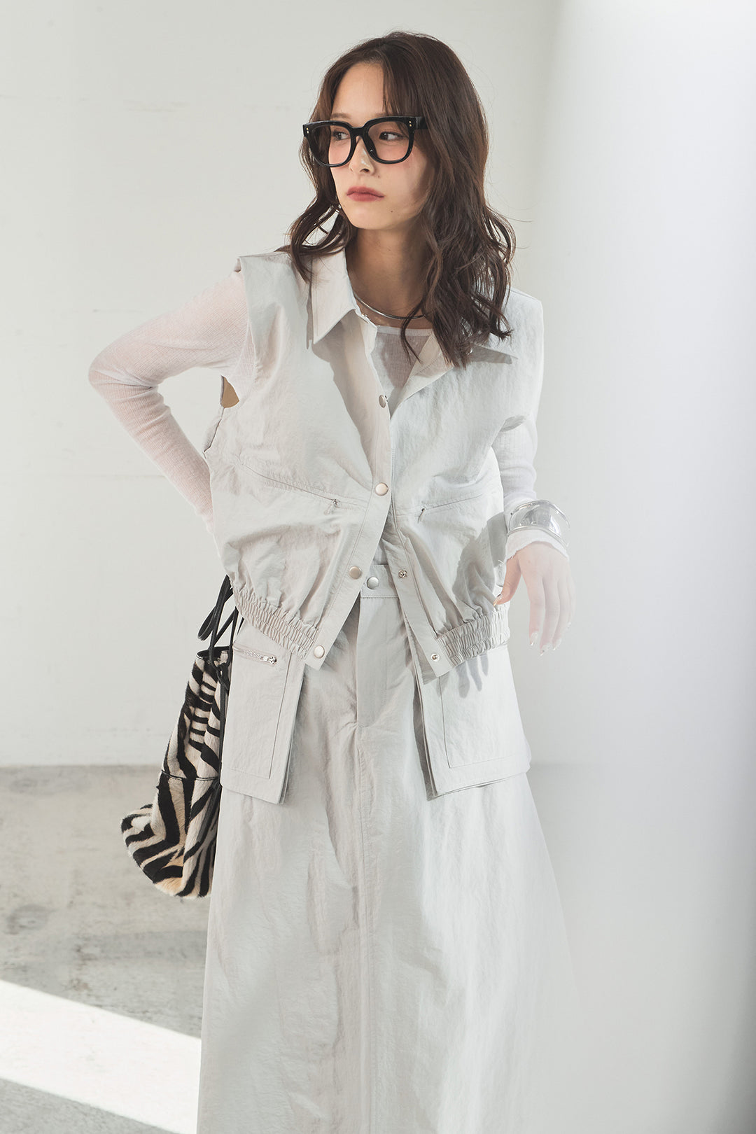 [SET]襟付きナイロンベスト+サイドデザインナイロンスカート(2set)