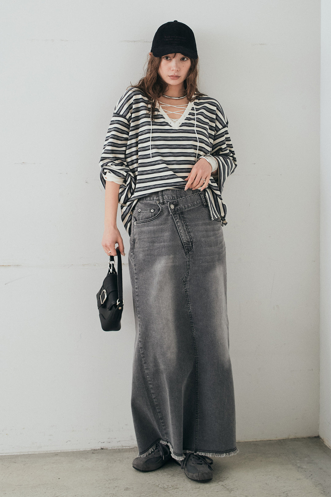 [SET]レースアップワッフルボーダートップス+ウエストクロスデニムタイトスカート(2set)