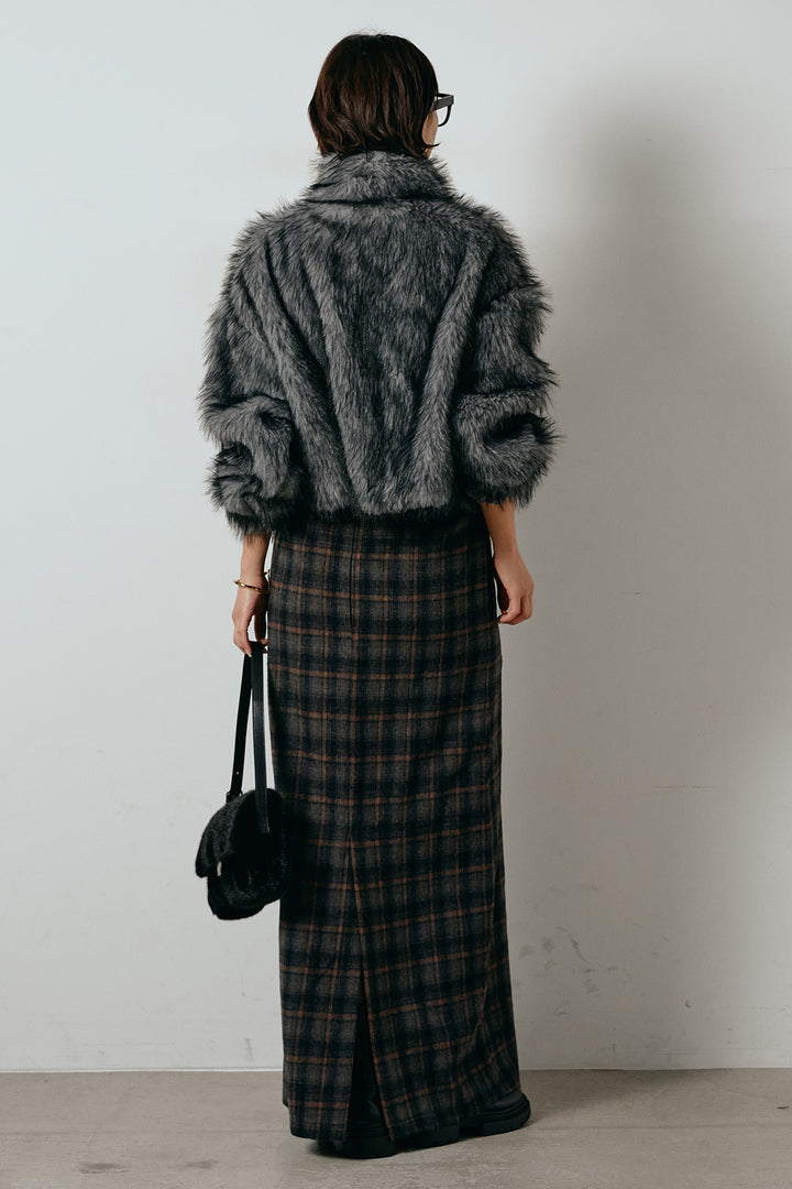 [SET]エコファーショート丈ブルゾン+シャギーチェックストレートスカート(2set)