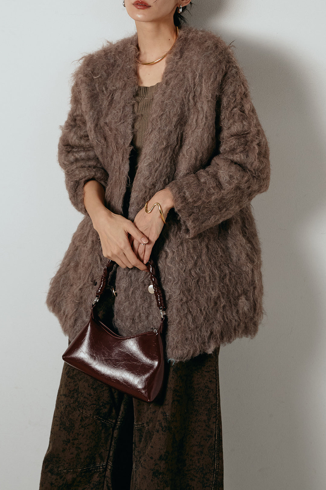 [SET]ウェーブシャギーニットジャケット+ベルト付きニュアンス柄カーブワイドパンツ(2set)